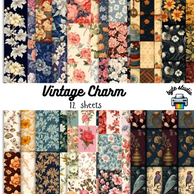 12 Sheets Vintage Charm by byte studio | Cardstock Craft Paper Junk Journal Stationery