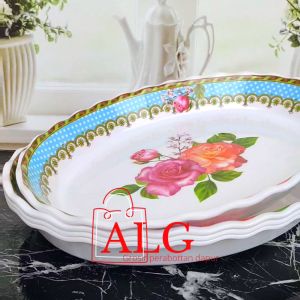 3PCS MANGKUK SAJI MELAMIN LOYANG LONJONG CEKUNG CEPER 27CM KEMBANG ANTI KELOPEK