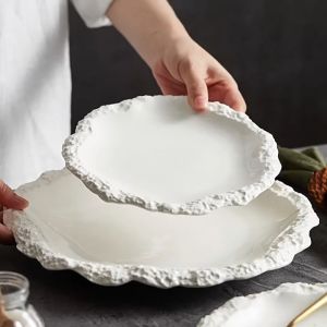 Kitchen Plus Textured Rock Design Elegant French-Inspired Ceramic Dinner Plate Dessert Plate KP744