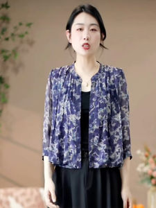 เสื้อคาร์ดิแกนแขนสั้นลายดอกไม้คอตุ้มบางฤดูร้อนสำหรับผู้หญิงวัยกลางคน เสื้อคลุมกันหนาวแบบเปิดไหล่ที่สวมใส่ได้หลากหลาย