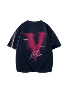 Loose Fit American Style T-Shirt RC WORLD round Neck Short Sleeve Big V Letter Graffiti Print Youth Fashion Summer Casual Top