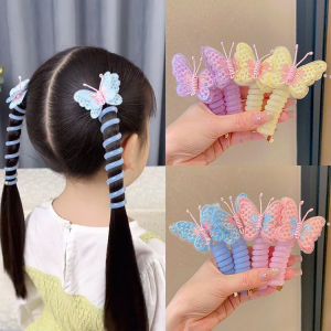 2Pcs Set Telephone Cord Hair Tie Kids Girl Ponytail Hair Rope Butterfly Braided Spring Coil Hair Ring