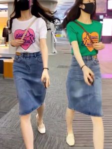 Womens Denim Mini Skirt Ice Silk Slimming Mid-Length Fashion Set with Slit Two-Piece Cotton Spring Summer New Arrival
