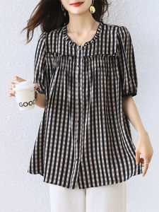 DAIXIANGFEIZI | Check Pattern Womens Blouse Short Sleeve