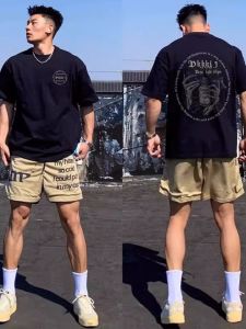 เสื้อยืดคอกลมแขนสั้นผ้าฝ้ายแท้สำหรับผู้ชาย ทรงหลวม ระบายอากาศได้ดี แฟชั่นฤดูร้อน ลายตัวอักษร ไซส์ใหญ่ 300 ปอนด์ Vibes American Heavyweight