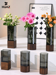 Chinese Style Wooden Tray Flower Vase round Square PET Plastic Flower Bottles Living Room Floral Arrangements Decorations