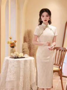 Su Jin Retro Style Young Chinese New Version Stand Collar Midi Length Improved Cheongsam Dress Floral Pattern Short Sleeve