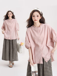 Trendy Comfortable Slimming Set Wooden Ear Short Sleeve Shirt & Plaid Pants