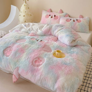 Thick Warm Coral Fleece Baby Velvet Four-Piece Bedding Set Winter Cartoon Cute Mink Velvet Duvet Cover Sheet Pillowcase