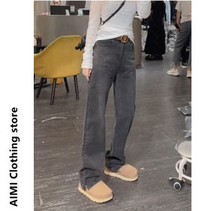 High Waist Straight Leg Slimming Denim Jeans Retro Grey Narrow Version Wide Leg Pants Autumn Trendy Womens Premium Jeans