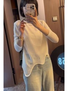 เสื้อยืดผู้หญิงแขนยาวลายคลื่น ทรงหลวม ปกปิดเนื้อผ้าบาง ดีไซน์เก๋ไก๋ เหมาะกับฤดูใบไม้ผลิและฤดูใบไม้ร่วง