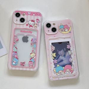 Cute Cartoon Hello Kitty Little Twin Stars with Card Slot Shockproof Phone Case for iPhone 15 Pro Max Gemini Phone Cover for iPhone 14 Plus 13 12 11 XS XR 8 7 Hello.Kitty Protective Shell