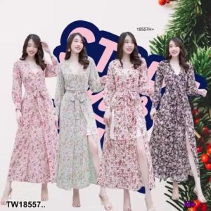 P18557 เดรสคอวียาว งานผ้าชีฟองพริ้วๆ พิมพ์ลายดอกไม้ ..