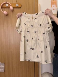 Butterfly Knot Apricot Short Sleeve Shirt T-Shirt Womens Korean Style Summer New Arrival Creamy Universe Full Print Cotton