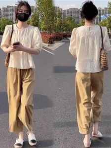 Roulei ผู้หญิงสบายๆสไตล์ยุโรปฤดูร้อนชุดแขนสั้นคอรอบคอแขนฟองและ Ruffled ตุ๊กตาข้อเท้าความยาวขากว้างเก้าจุดกางเกง