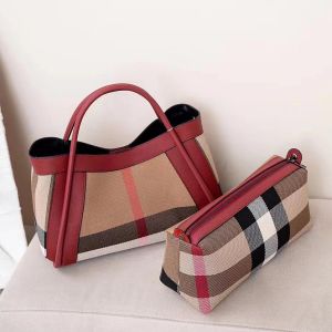 Aidrani | Canvas and Cowhide Leather Women Tote Bag Plaid Stripe Handbag with Leather Trim for Travel Daily Use