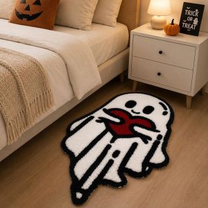 VIKAMA Halloween Cute Ghost Holding Heart Irregular Fluffy Rug Non Slip Bedroom Floor Mat Home Decoration