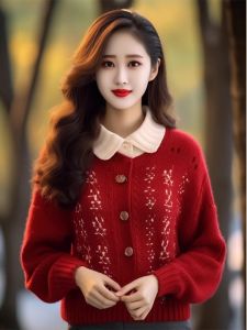 Red Knitted Polo Neck Sweater Soft Cozy Winter Fashion Womens Top for New Year Christmas Celebration Unique Style