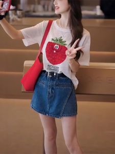 Shalldoer | เสื้อยืดแขนสั้นผู้หญิงแฟชั่นฤดูร้อน 2025 ใหม่ ลดอายุ ผ้าถักบาง พิมพ์ลายการ์ตูน ทรงหลวม สไตล์เกาหลี