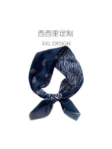 Silk Scarf Small Square Towel Womens Retro Navy Blue Paisley Cotton and Linen Neck Scarf Matching Shirt Ins Bandana Headband