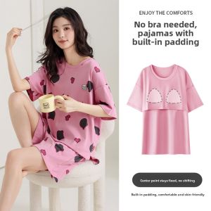 Miiow | Pure Cotton Summer Thin Short Sleeve Sleepwear Set Womens Home Clothes With Chest Pad Cat Person Casual Style Round Neck Design
