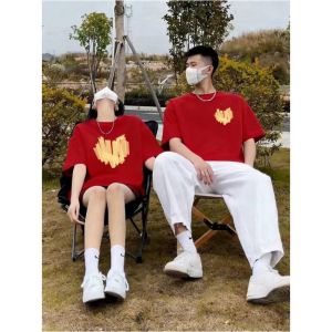 PAZHAOLANG | Love Couple Short Sleeve T-shirts for Men and Women Summer Wine Red