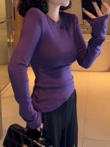 Spring 2025 Womens Pure Color round Neck Long Sleeve T-Shirt Casual Korean Style Sweet Spicy Fashionable Top Cotton Sweatshirt