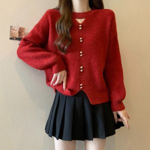 Red Knitted Sweater Top Womens Short plus Size Slimming Spring Autumn European Style Beautiful Small Shirt Comfortable Loose Fit
