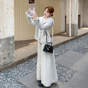 Light Grey Korean Artistic Knitted Set Womens 2025 Autumn New Style Shawl Top Half Skirt Two-Piece Set Fashionable Casual
