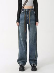 กางเกงยีนส์ขากว้างทรงหลวมสไตล์ย้อนยุคสำหรับผู้หญิงในช่วงฤดูร้อนปี 2025 กางเกงขายาวทรงตรงเอวยางยืดแบบลำลอง