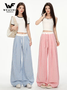 Quần Ống Rộng Kẻ Sọc Xanh Cạp Cao Mùa Hè 2025 Mới Rộng Rãi Quần Dài Ống Đứng Quần Dài Thường Ngày Quần Dài Ống Rộng