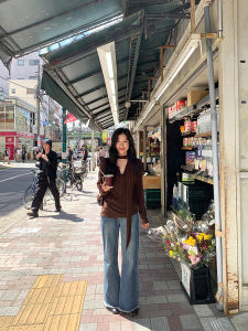 DaqianwithU Womens Long Sleeve V-Neck Crossed T-Shirt Neck Hanging Sash Comfortable Loose Fit Premium Feeling Solid Color Top