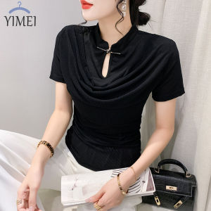 YIMEI เสื้อยืดผู้หญิง 2023 บางเฉียบ สีดำ รูปพอดี ถูกฝีมือ 20 ฤดูใบ 20 ฤดูร้อน สไตล์แขนสั้น ประจำชาติ เสื้อยืด ผู้หญิง สีดำ รูปแบบ ถูกฝีมือ 20 ฤดูใบ 20 ฤดูร้อน วินเทจ ถูกฝีมือ 20