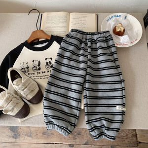 Fleece Lined Autumn Winter Sports Pants for Boys Korean Style Casual Striped Elastic Waist Cotton Knitted Long Trousers