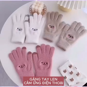 Găng tay len hình mặt gấu xinh xắn ngón tay chạm màn hình cảm ứng dày dặn giữ ấm