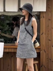 French Style Temperament Back Zipper Cotton Linen Sleeveless Gingham Dress Womens 2024 New Arrival Summer A- line Vest Skirt