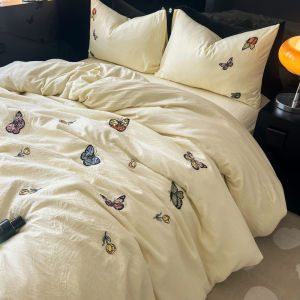 INS Cream Style Embroider Bows Washed Cotton Four-Piece Set Double Quilt Cover Student Dormitory Single Three-Piece Bedding 4
