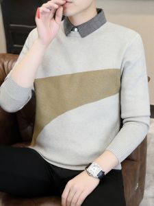 HENGYUANXIANG | Thickened Shirt Collar Knitted Sweater Mens Warm Color Block Winter Fashion City Casual Long Sleeve Shirt Style Neckline