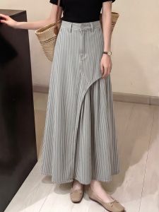 YIKEMAI | Striped Panel Maxi Skirt with Pleats Slim High Waist