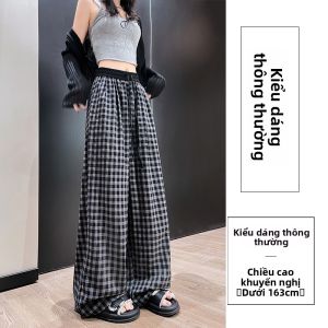 Quần ống rộng MiiOW cho nữ làm bằng polyester rộng rãi dáng kẻ caro đen trắng