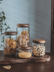 Hộp Đựng Thủy Tinh Nhỏ Xuyên Thấu Hộp Đựng Tròn Lá Trà Trái Cây Khô Hạt Ăn Nhẹ Hộp Đựng Gỗ Hộp Đựng Gỗ Đơn Giản Nhà Bếp Phong Cách Nhật Bản