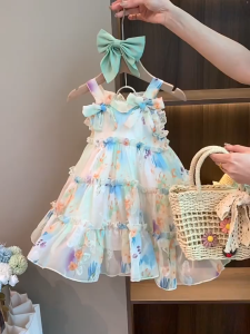 DR4 Dress Anak Perempuan Gaun Kamisol Tanpa Lengan Bunga Gradiasi