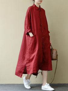 Export Export Counter Tail Single Spring & Fall Cotton Linen Temperament Leisure Mid-Length Shirt Dress Slim Looking Loose Linen Dress