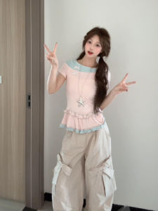 Áo Thun Tay Ngắn Màu Hồng Ngọt Ngào Phong Cách Hàn Quốc Mùa Hè Cho Nữ Thiết Kế Viền Eo Ôm Vừa Vặn Cổ Tròn