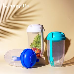 Hayylife Botol/Cup Salad - Botol Salad Untuk Sarapan Dengan Sendok Garpu Dan Tutup Portabel 1000 ML + Botol Saus Kecil HL-AAA702