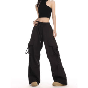 กางเกงขายาวทรงหลวมเอวสูงสไตล์สตรีทแวร์สีดำสำหรับผู้หญิง กางเกงขายาวทรงตรงแบบลำลองสไตล์ฮิปฮอป กางเกงขายาวทรงขากว้างทันสมัย