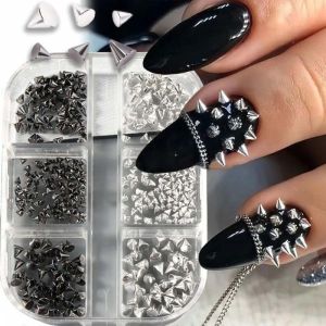 6 Grids 3D Punk Metal Nail Rivets Spikes Gold/Silver/Black Round Cone Studs Nail Art Charms Mixed Size Nail Parts DIY Decoration