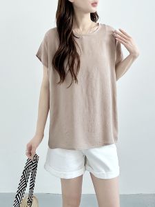 Summer 2025 New Cotton Silk round Neck Short Sleeve T-Shirt Women Solid Color Embroidery Versatile plus Size Artificial Cotton Top
