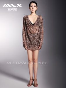 Professional Latin Dance Practice Suit Womens Leopard Print Mesh One-Piece Dress Adult Training Performance Clothing