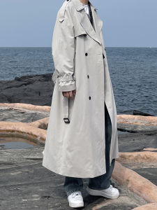 Autumn Korean Style Super Long Mens below the Knee Trench Coat Youth Trendy Handsome Jacket Double-Breasted Loose Lace-up Overcoat